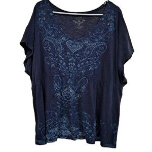 Sonoma 2X Empire Elastic Waistband Paisley Print Navy Blue Light Blue Boho Top